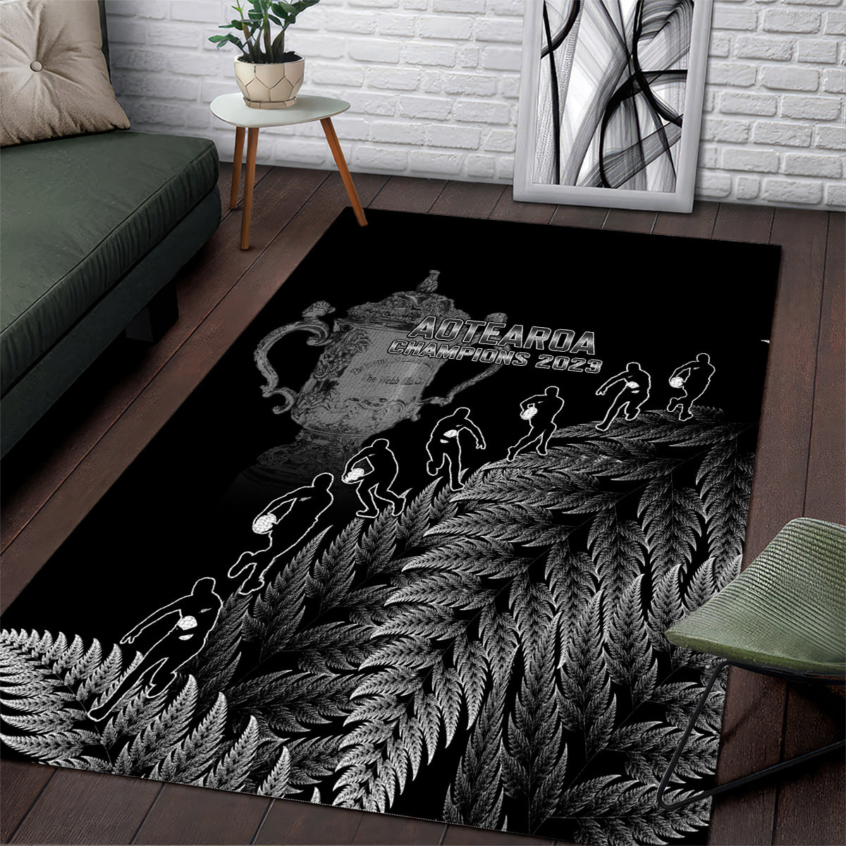 Custom New Zealand Silver Fern Rugby Area Rug All Black Go Champions 2023 With Trophy Proud LT14 Black - Polynesian Pride