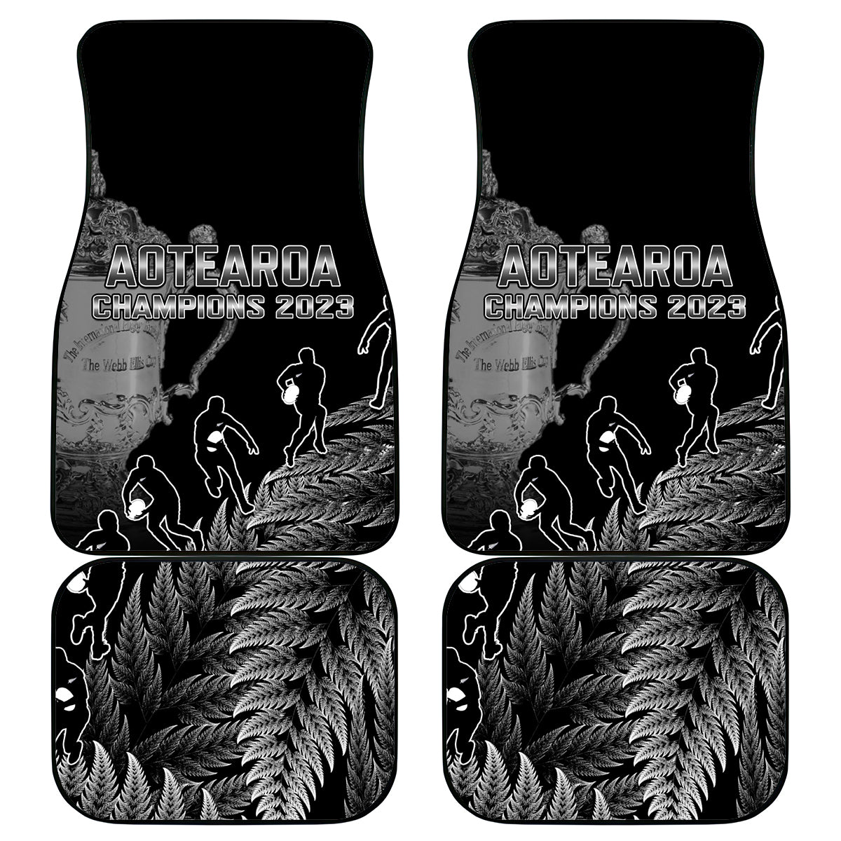 Custom New Zealand Silver Fern Rugby Car Mats All Black Go Champions 2023 With Trophy Proud LT14 Black - Polynesian Pride