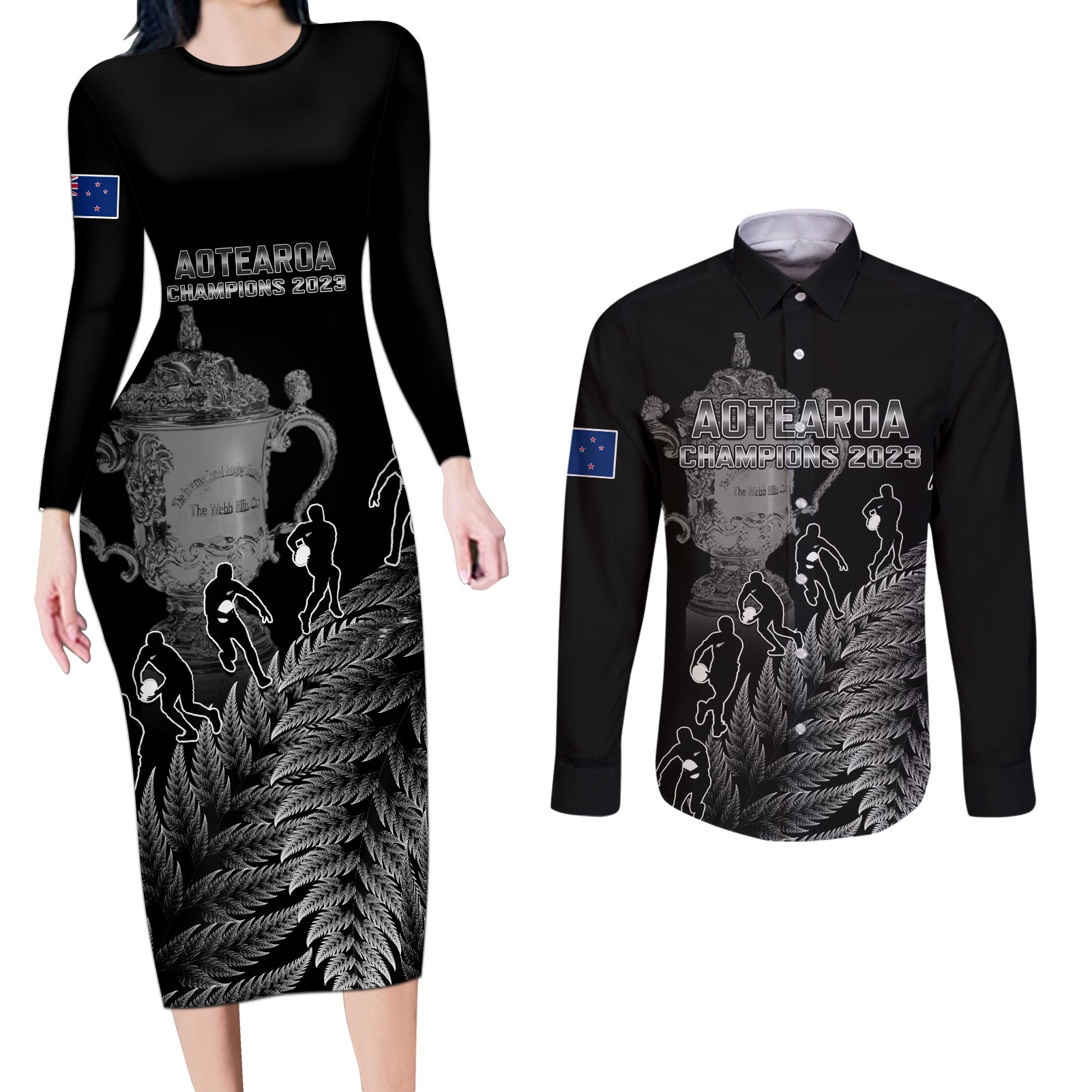 Custom New Zealand Silver Fern Rugby Couples Matching Long Sleeve Bodycon Dress and Long Sleeve Button Shirt All Black Go Champions 2023 With Trophy Proud LT14 Black - Polynesian Pride