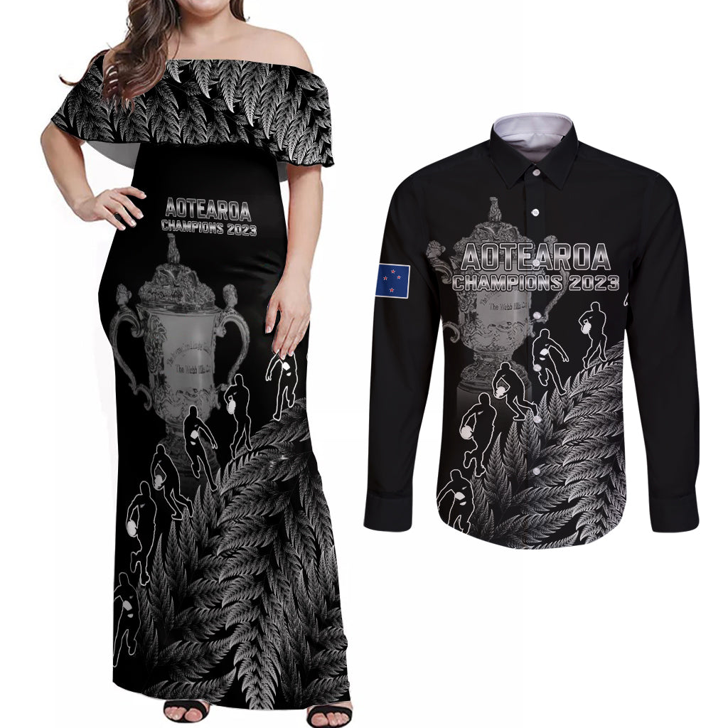 Custom New Zealand Silver Fern Rugby Couples Matching Off Shoulder Maxi Dress and Long Sleeve Button Shirt All Black Go Champions 2023 With Trophy Proud LT14 Black - Polynesian Pride