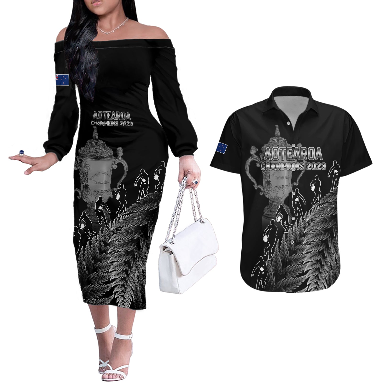 Custom New Zealand Silver Fern Rugby Couples Matching Off The Shoulder Long Sleeve Dress and Hawaiian Shirt All Black Go Champions 2023 With Trophy Proud LT14 Black - Polynesian Pride