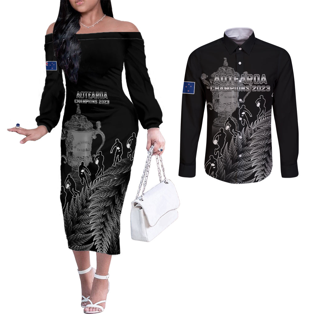 Custom New Zealand Silver Fern Rugby Couples Matching Off The Shoulder Long Sleeve Dress and Long Sleeve Button Shirt All Black Go Champions 2023 With Trophy Proud LT14 Black - Polynesian Pride