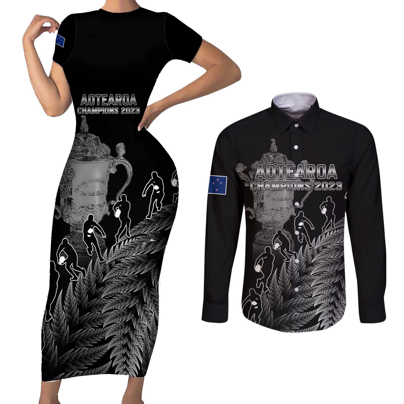 Custom New Zealand Silver Fern Rugby Couples Matching Short Sleeve Bodycon Dress and Long Sleeve Button Shirt All Black Go Champions 2023 With Trophy Proud LT14 Black - Polynesian Pride