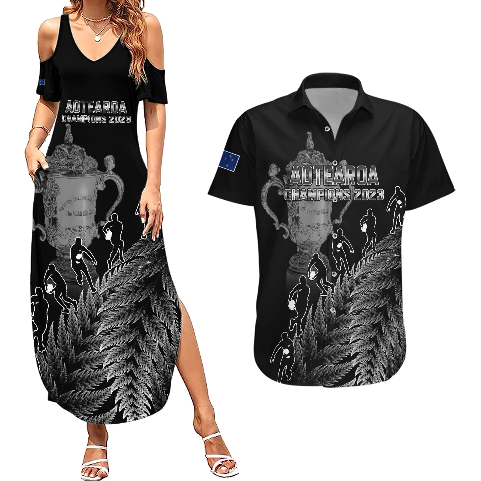 Custom New Zealand Silver Fern Rugby Couples Matching Summer Maxi Dress and Hawaiian Shirt All Black Go Champions 2023 With Trophy Proud LT14 Black - Polynesian Pride