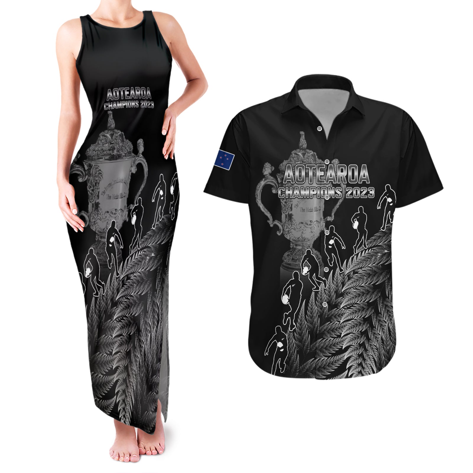 Custom New Zealand Silver Fern Rugby Couples Matching Tank Maxi Dress and Hawaiian Shirt All Black Go Champions 2023 With Trophy Proud LT14 Black - Polynesian Pride