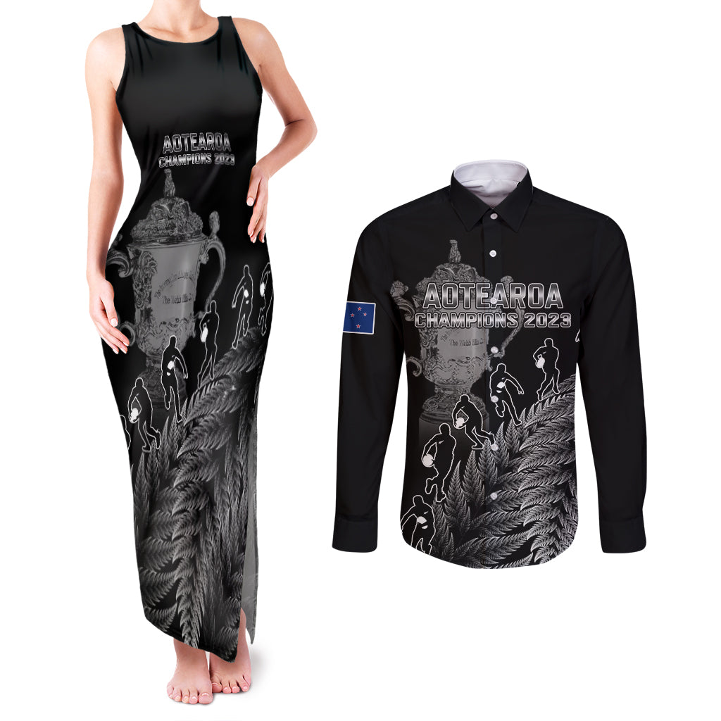 Custom New Zealand Silver Fern Rugby Couples Matching Tank Maxi Dress and Long Sleeve Button Shirt All Black Go Champions 2023 With Trophy Proud LT14 Black - Polynesian Pride