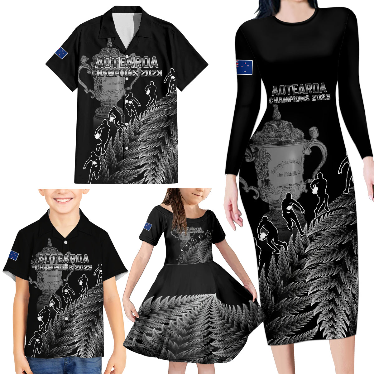 Custom New Zealand Silver Fern Rugby Family Matching Long Sleeve Bodycon Dress and Hawaiian Shirt All Black Go Champions 2023 With Trophy Proud LT14 - Polynesian Pride