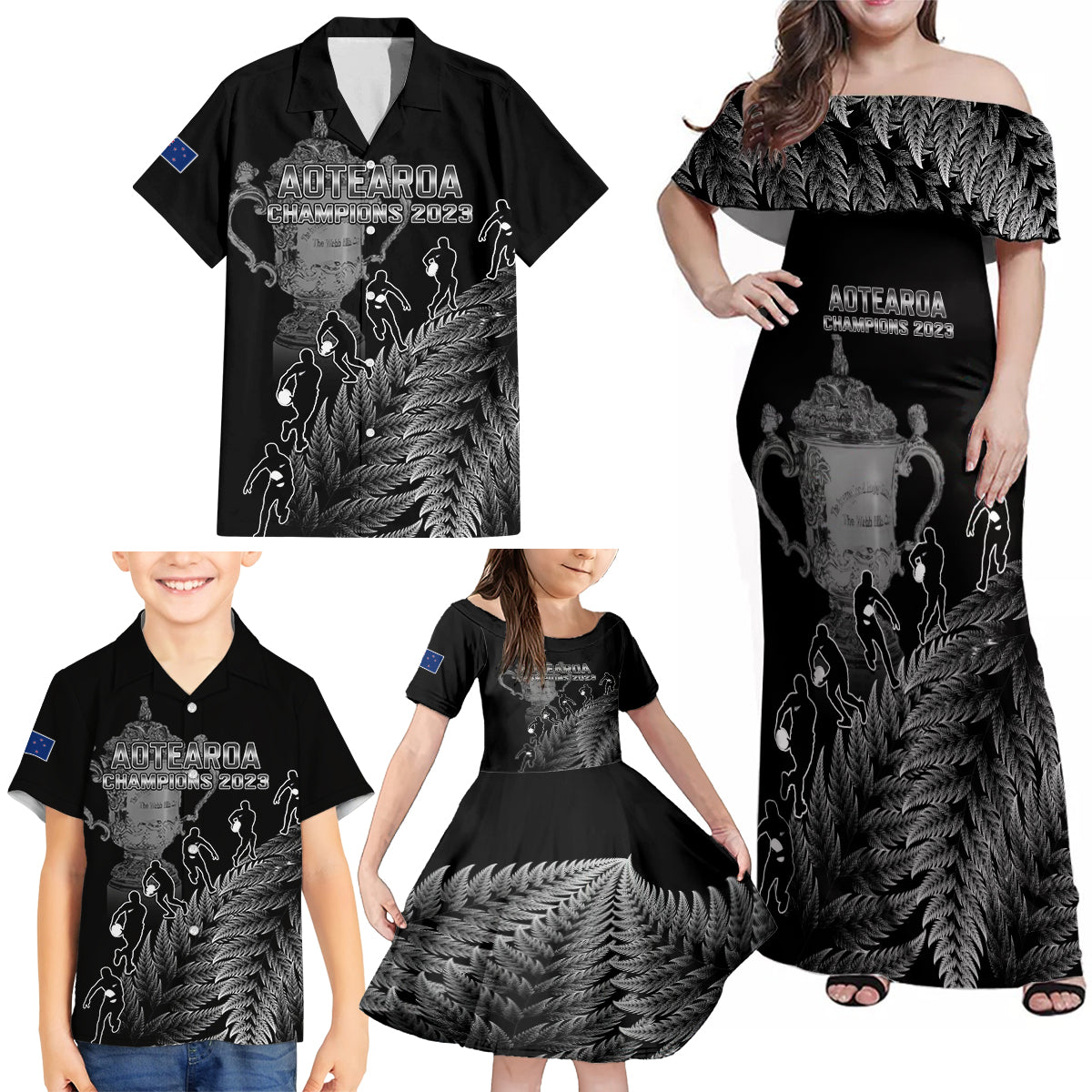 Custom New Zealand Silver Fern Rugby Family Matching Off Shoulder Maxi Dress and Hawaiian Shirt All Black Go Champions 2023 With Trophy Proud LT14 - Polynesian Pride