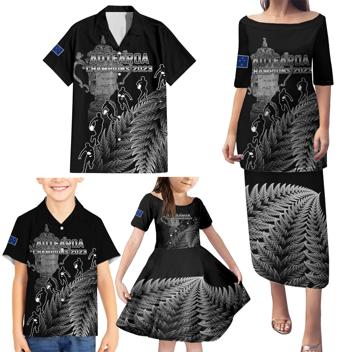 Custom New Zealand Silver Fern Rugby Family Matching Puletasi Dress and Hawaiian Shirt All Black Go Champions 2023 With Trophy Proud LT14 - Polynesian Pride