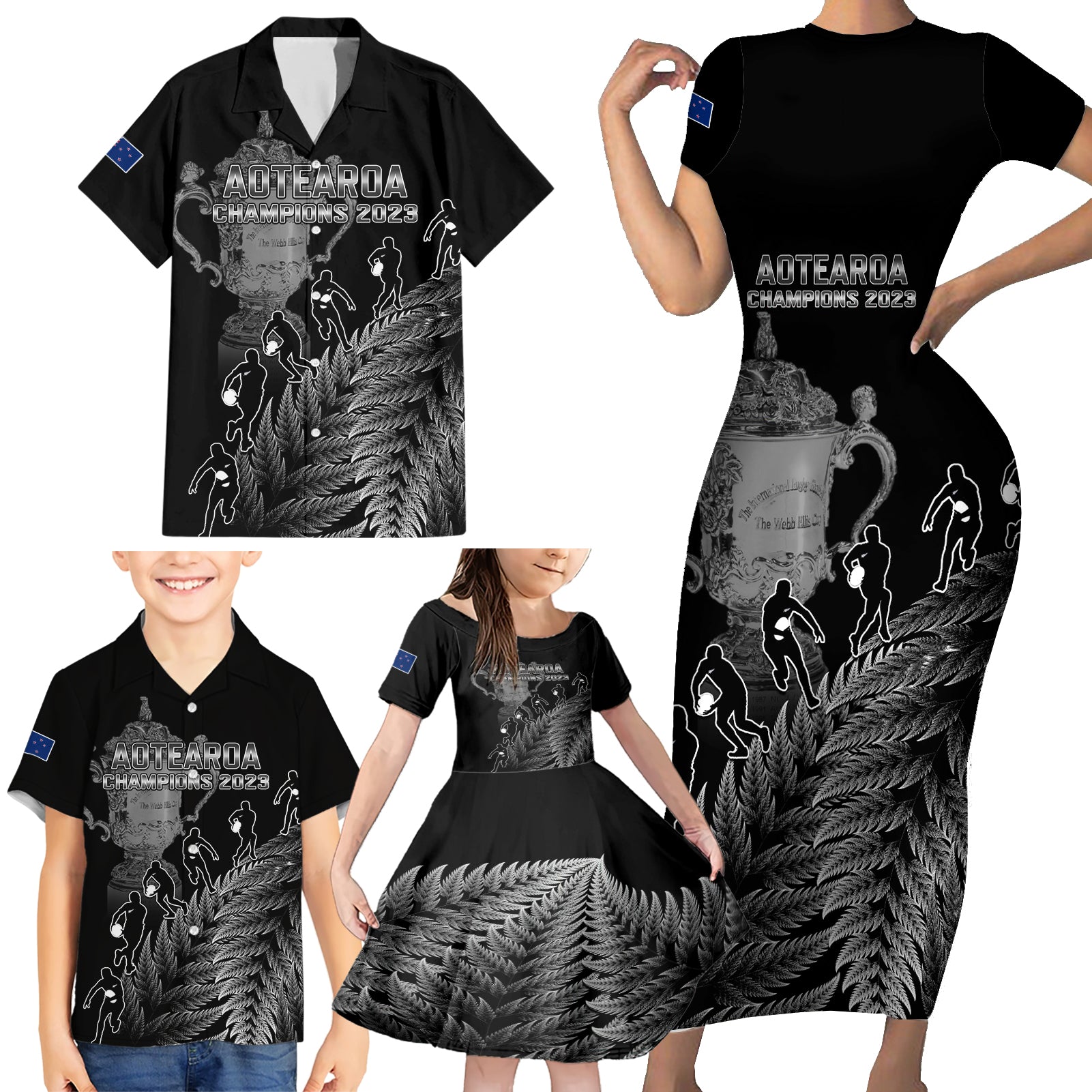 Custom New Zealand Silver Fern Rugby Family Matching Short Sleeve Bodycon Dress and Hawaiian Shirt All Black Go Champions 2023 With Trophy Proud LT14 - Polynesian Pride