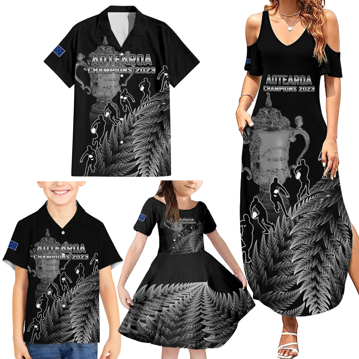 Custom New Zealand Silver Fern Rugby Family Matching Summer Maxi Dress and Hawaiian Shirt All Black Go Champions 2023 With Trophy Proud LT14 - Polynesian Pride