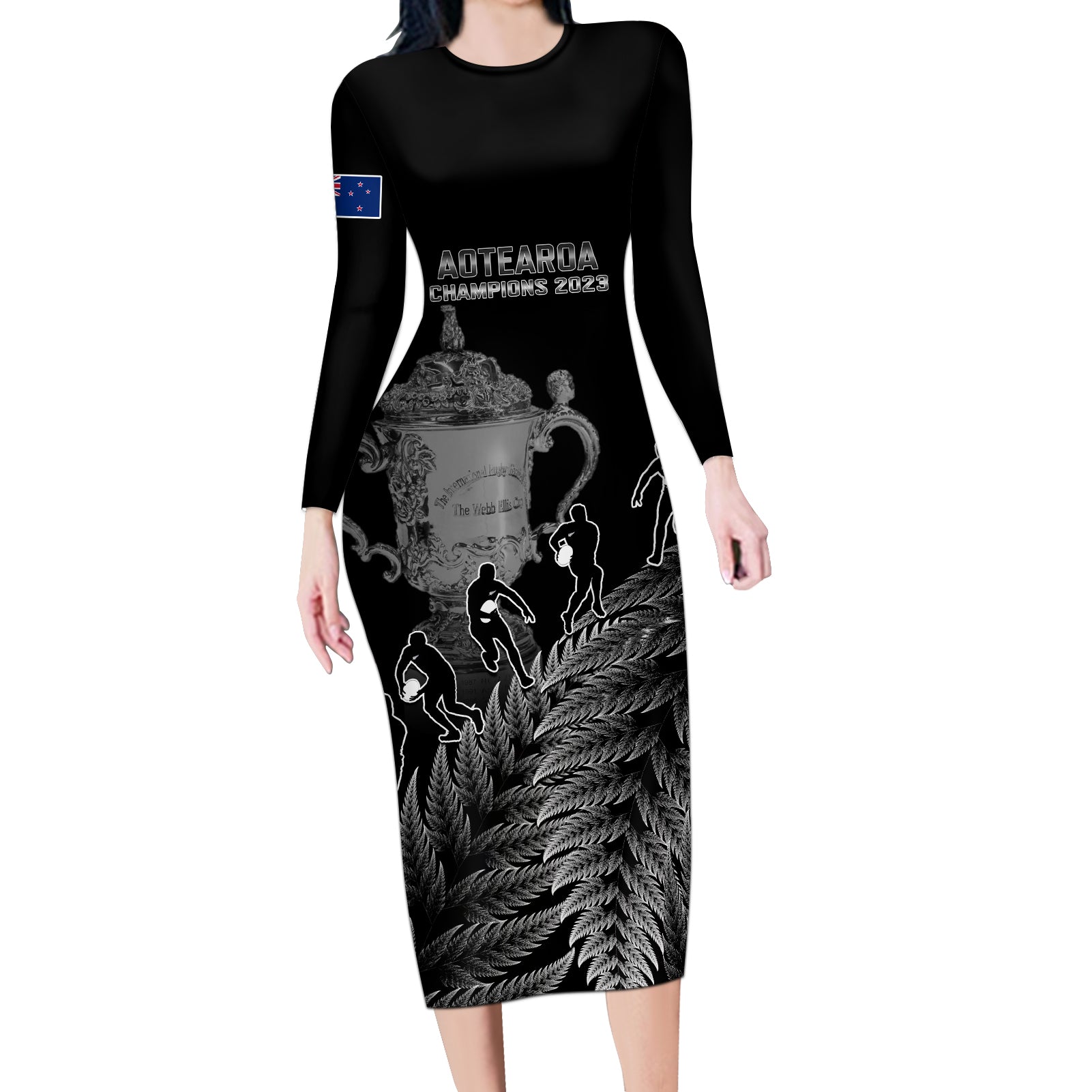 Custom New Zealand Silver Fern Rugby Long Sleeve Bodycon Dress All Black Go Champions 2023 With Trophy Proud LT14 Long Dress Black - Polynesian Pride