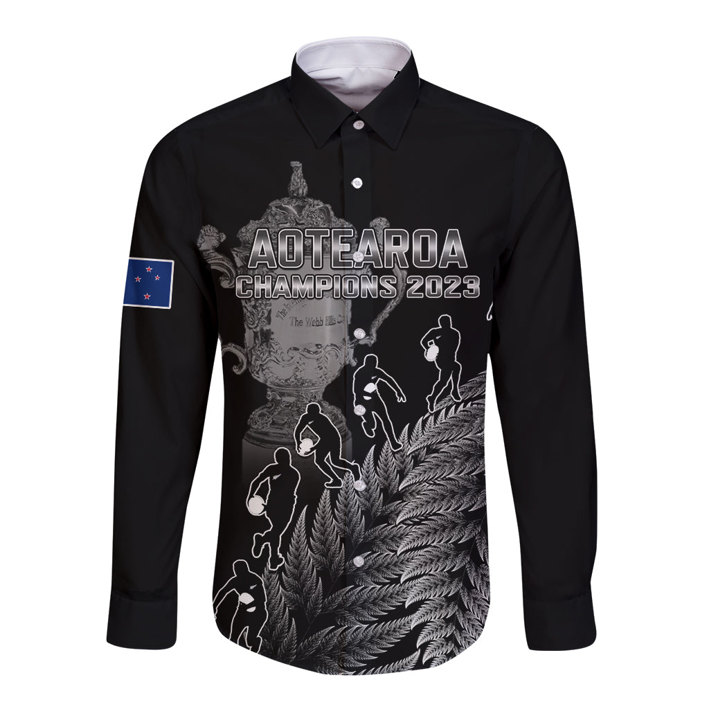 Custom New Zealand Silver Fern Rugby Long Sleeve Button Shirt All Black Go Champions 2023 With Trophy Proud LT14 Unisex Black - Polynesian Pride