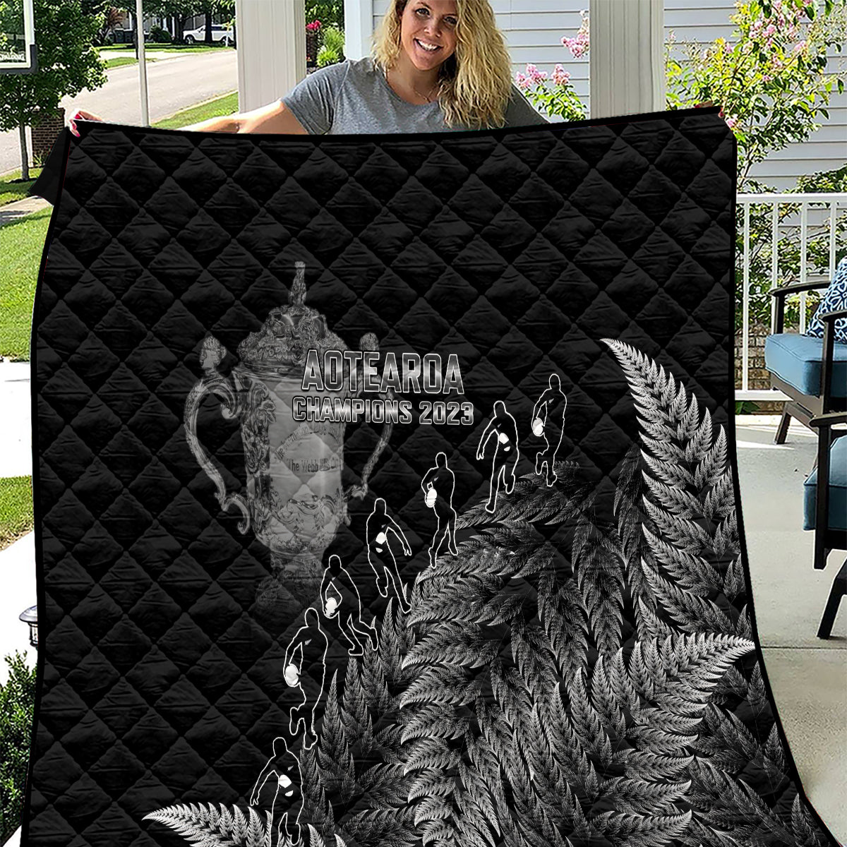 Custom New Zealand Silver Fern Rugby Quilt All Black Go Champions 2023 With Trophy Proud LT14 Black - Polynesian Pride