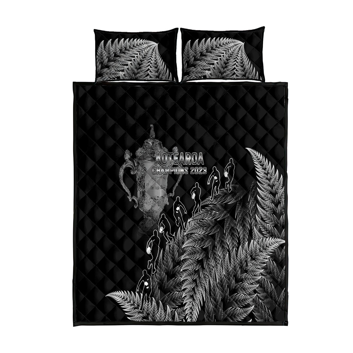 Custom New Zealand Silver Fern Rugby Quilt Bed Set All Black Go Champions 2023 With Trophy Proud LT14 Black - Polynesian Pride