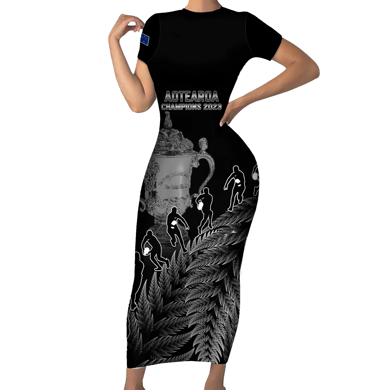 Custom New Zealand Silver Fern Rugby Short Sleeve Bodycon Dress All Black Go Champions 2023 With Trophy Proud LT14 Long Dress Black - Polynesian Pride