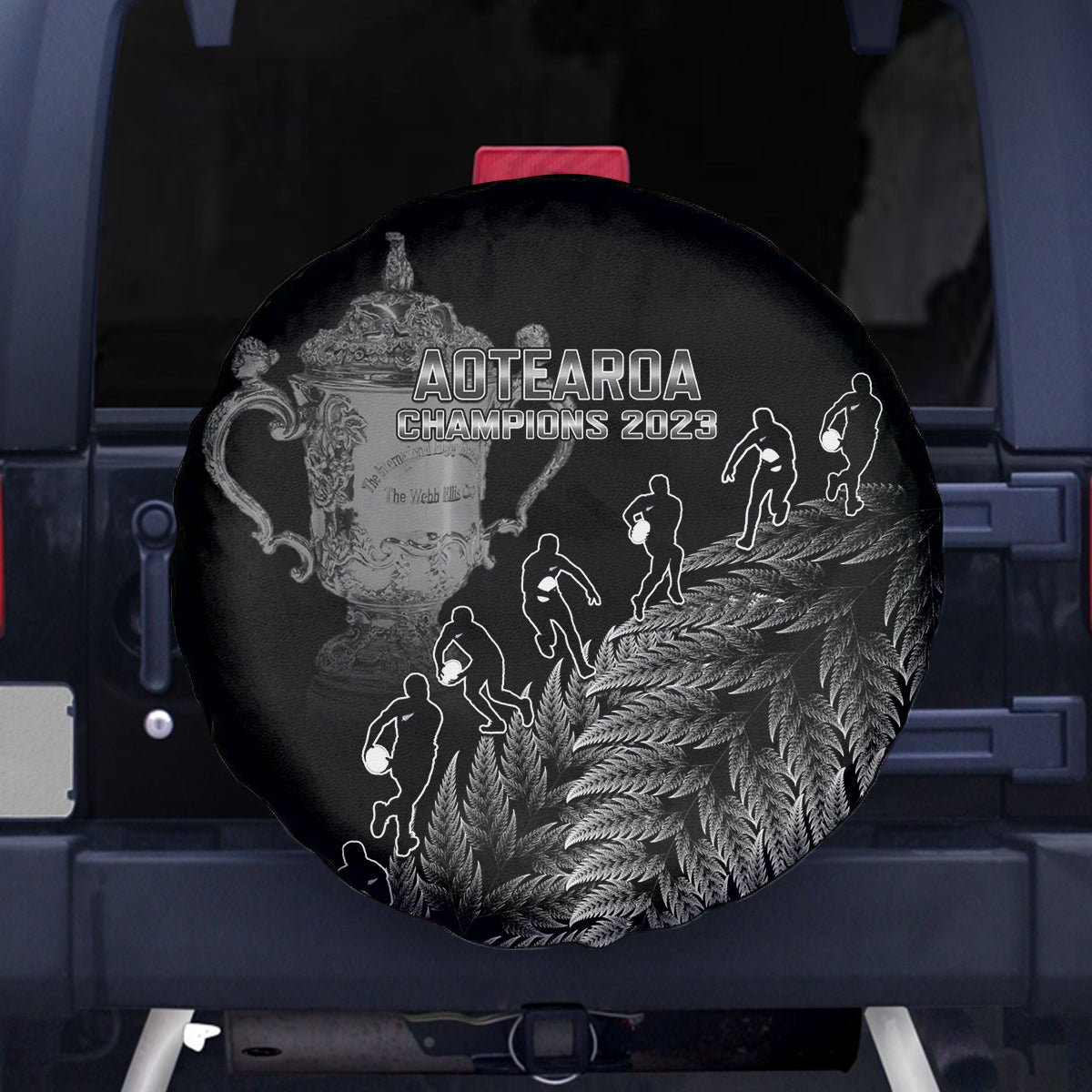 Custom New Zealand Silver Fern Rugby Spare Tire Cover All Black Go Champions 2023 With Trophy Proud LT14 Black - Polynesian Pride