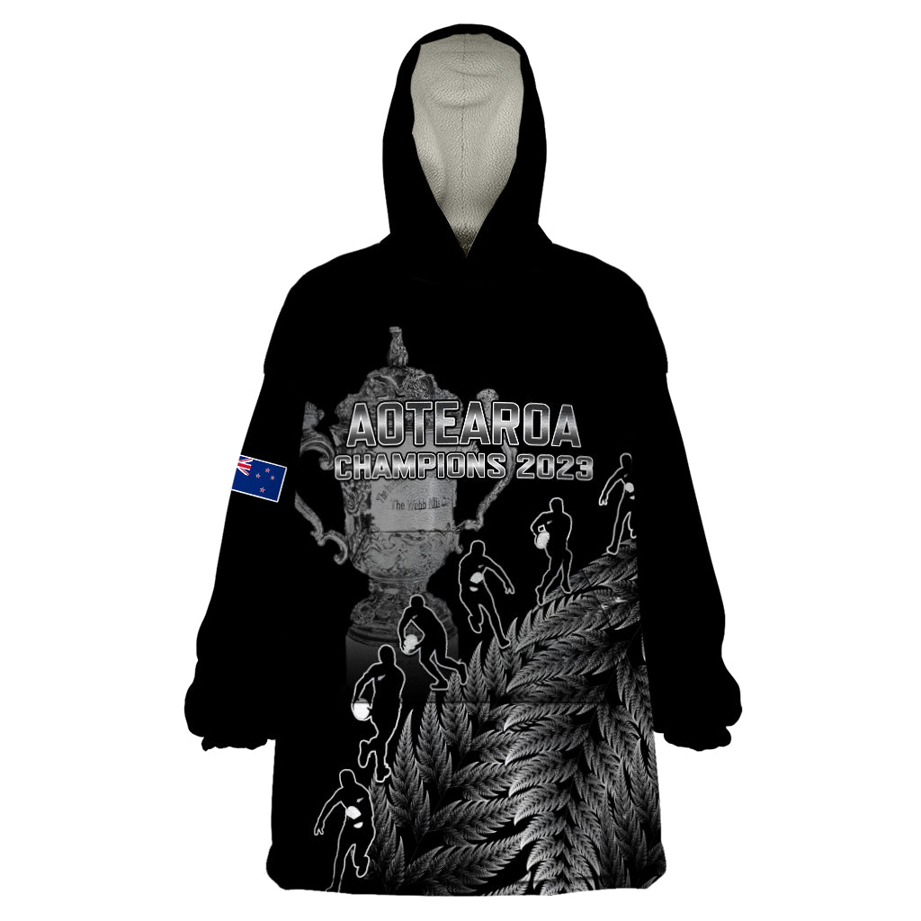 Custom New Zealand Silver Fern Rugby Wearable Blanket Hoodie All Black Go Champions 2023 With Trophy Proud LT14 One Size Black - Polynesian Pride