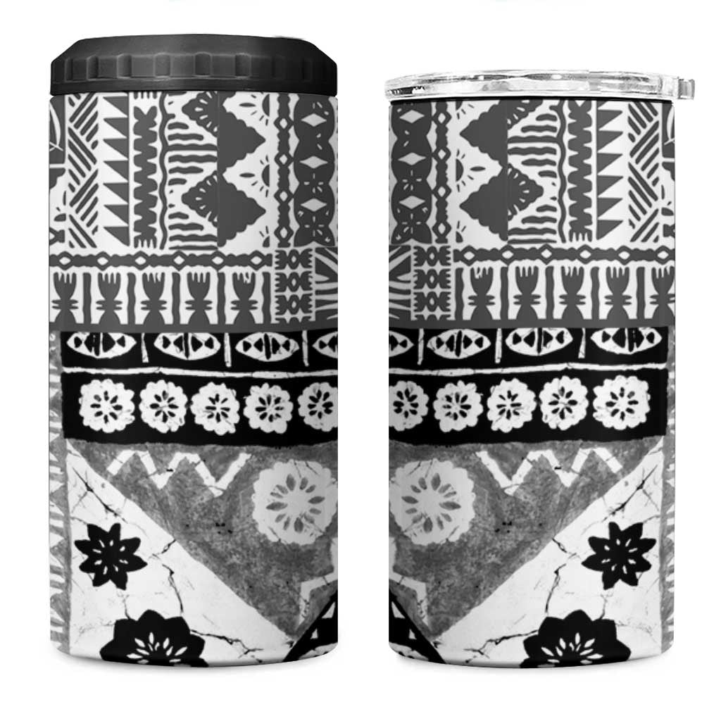 Black Bula Fiji 4 in 1 Can Cooler Tumbler Unique Masi Tapa Pattern