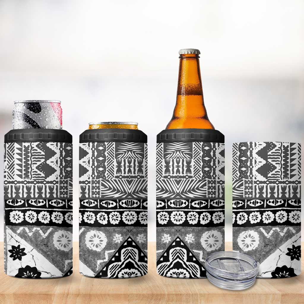 Black Bula Fiji 4 in 1 Can Cooler Tumbler Unique Masi Tapa Pattern