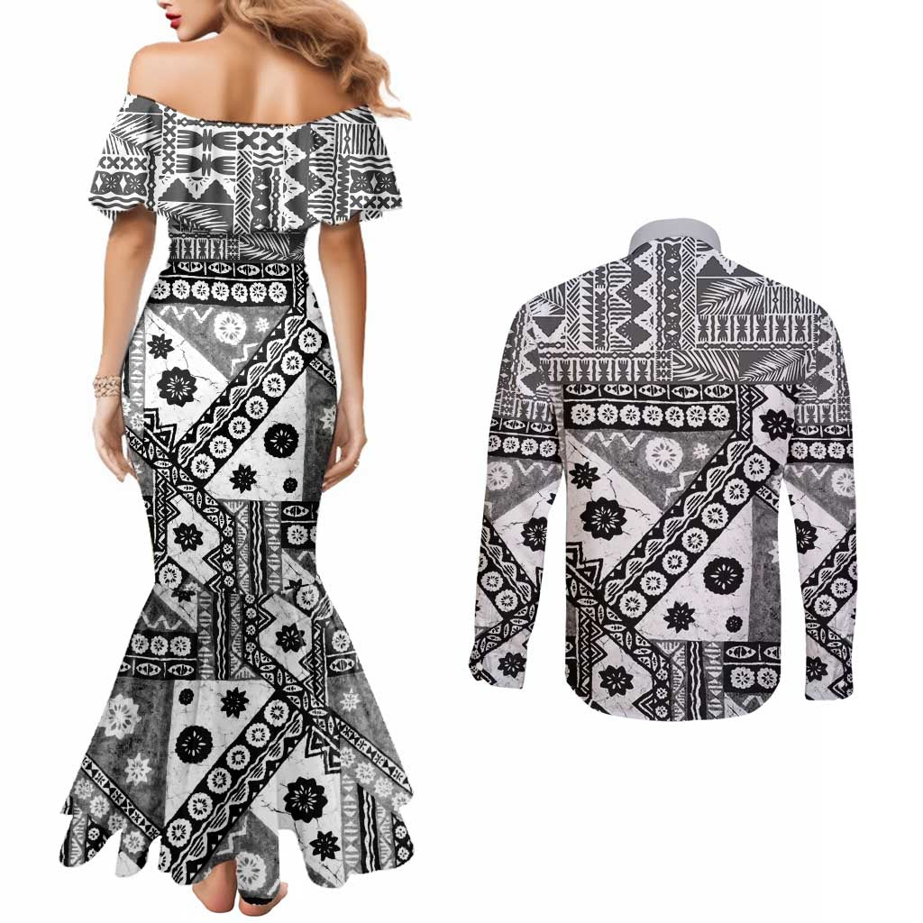 Black Bula Fiji Couples Matching Mermaid Dress and Long Sleeve Button Shirt Unique Masi Tapa Pattern