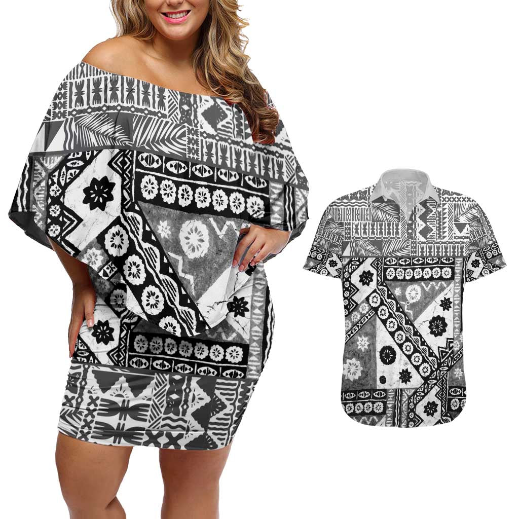 Black Bula Fiji Couples Matching Off Shoulder Short Dress and Hawaiian Shirt Unique Masi Tapa Pattern