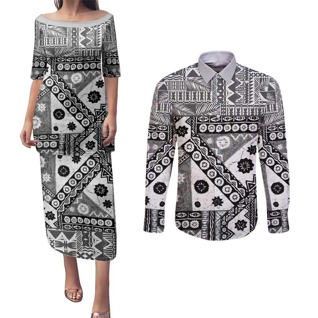 Black Bula Fiji Couples Matching Puletasi and Long Sleeve Button Shirt Unique Masi Tapa Pattern