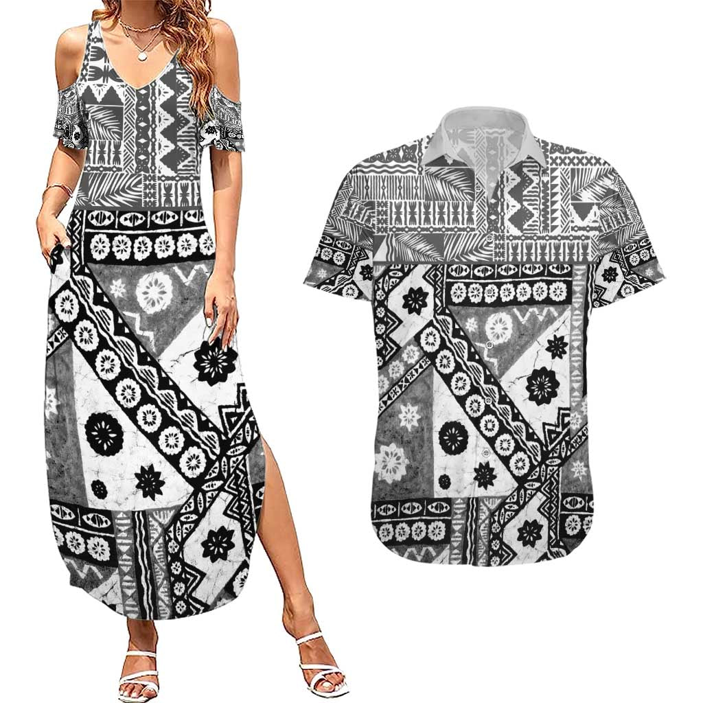 Black Bula Fiji Couples Matching Summer Maxi Dress and Hawaiian Shirt Unique Masi Tapa Pattern