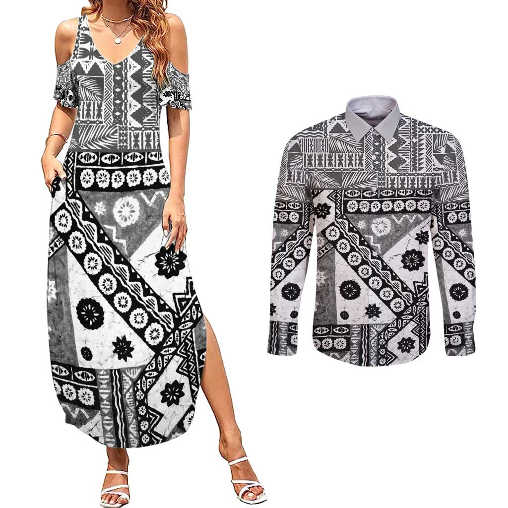 Black Bula Fiji Couples Matching Summer Maxi Dress and Long Sleeve Button Shirt Unique Masi Tapa Pattern