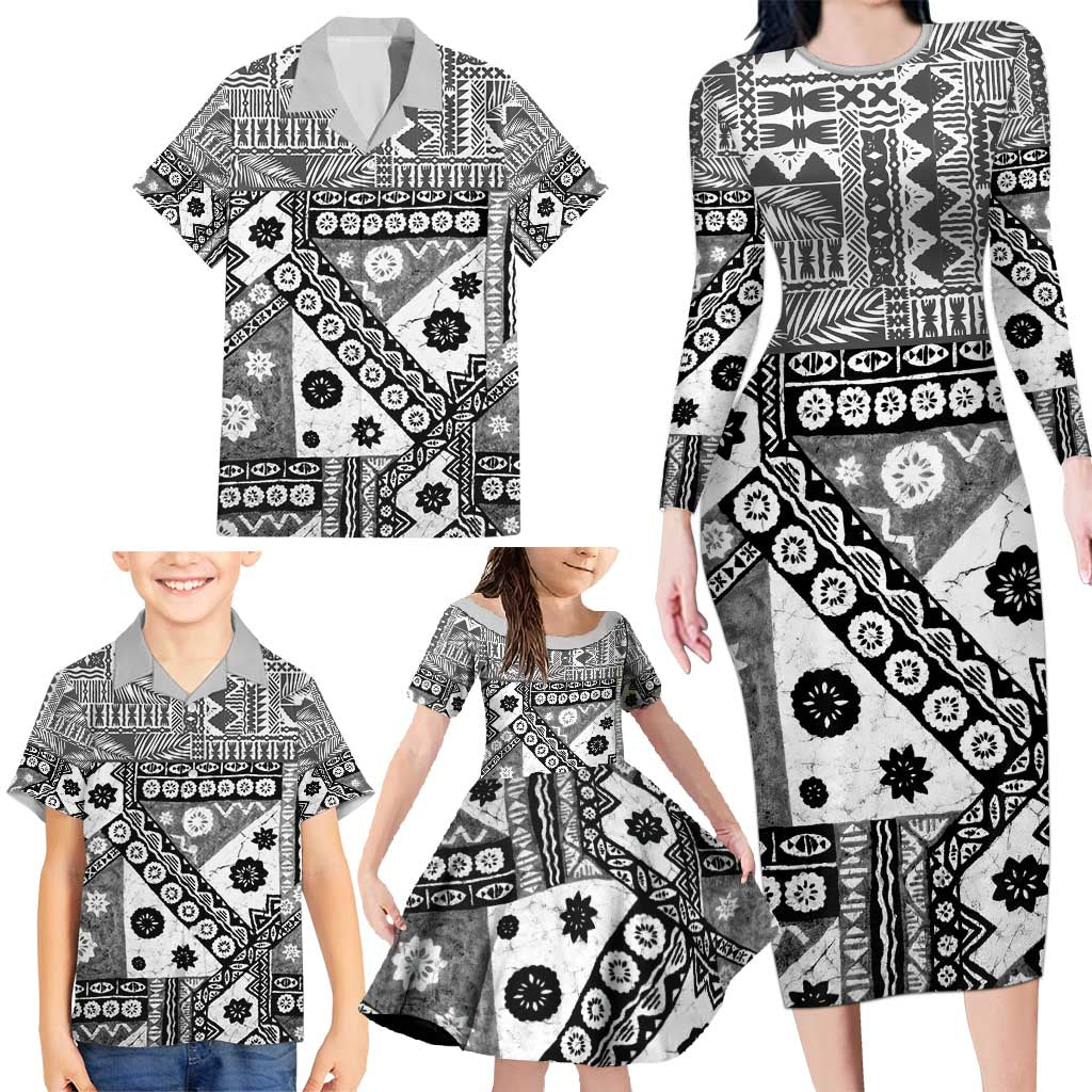 Black Bula Fiji Family Matching Long Sleeve Bodycon Dress and Hawaiian Shirt Unique Masi Tapa Pattern