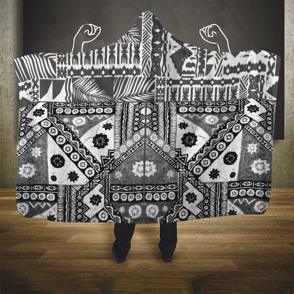 Black Bula Fiji Hooded Blanket Unique Masi Tapa Pattern