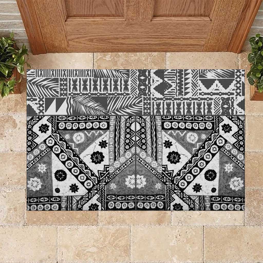 Black Bula Fiji Rubber Doormat Unique Masi Tapa Pattern