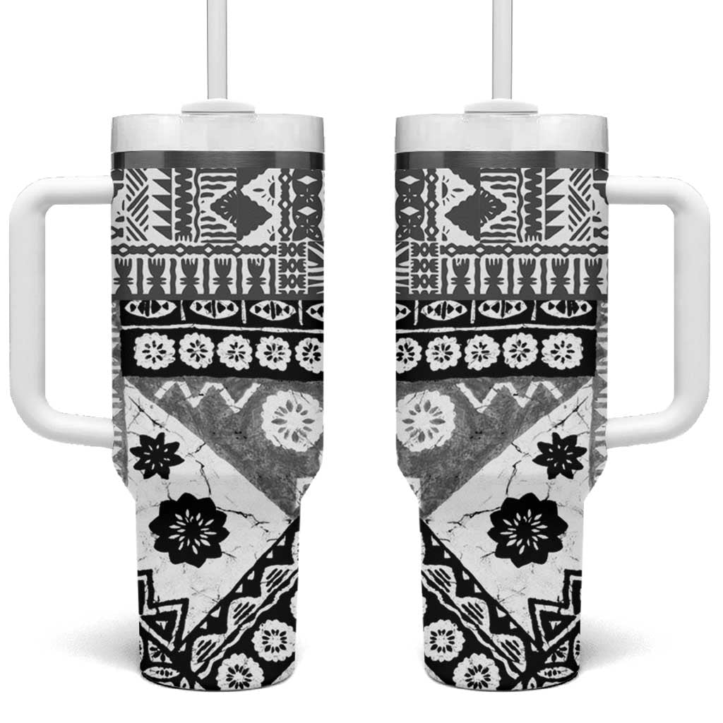 Black Bula Fiji Tumbler With Handle Unique Masi Tapa Pattern