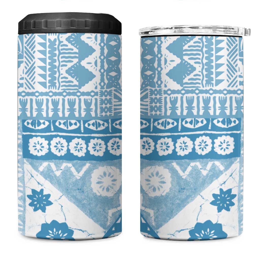 Blue Bula Fiji 4 in 1 Can Cooler Tumbler Unique Masi Tapa Pattern