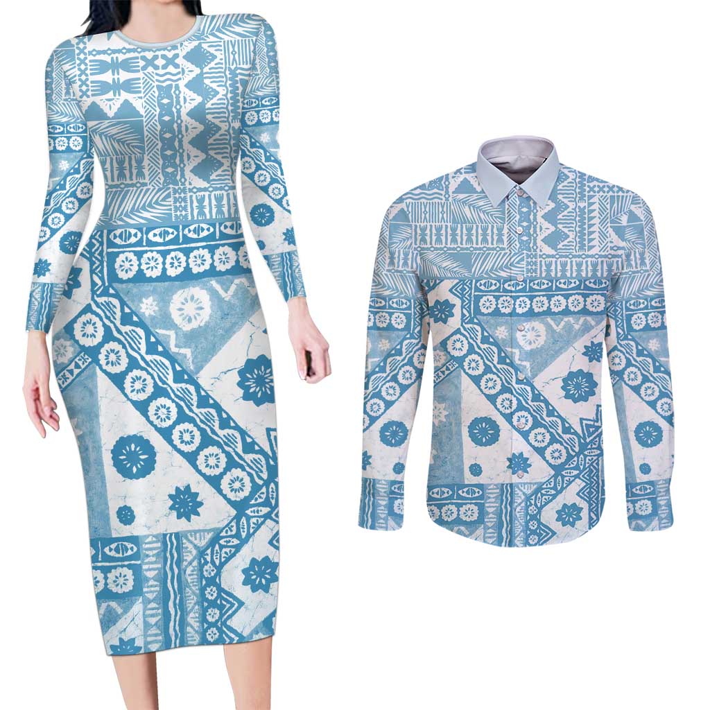 Blue Bula Fiji Couples Matching Long Sleeve Bodycon Dress and Long Sleeve Button Shirt Unique Masi Tapa Pattern