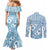 Blue Bula Fiji Couples Matching Mermaid Dress and Long Sleeve Button Shirt Unique Masi Tapa Pattern