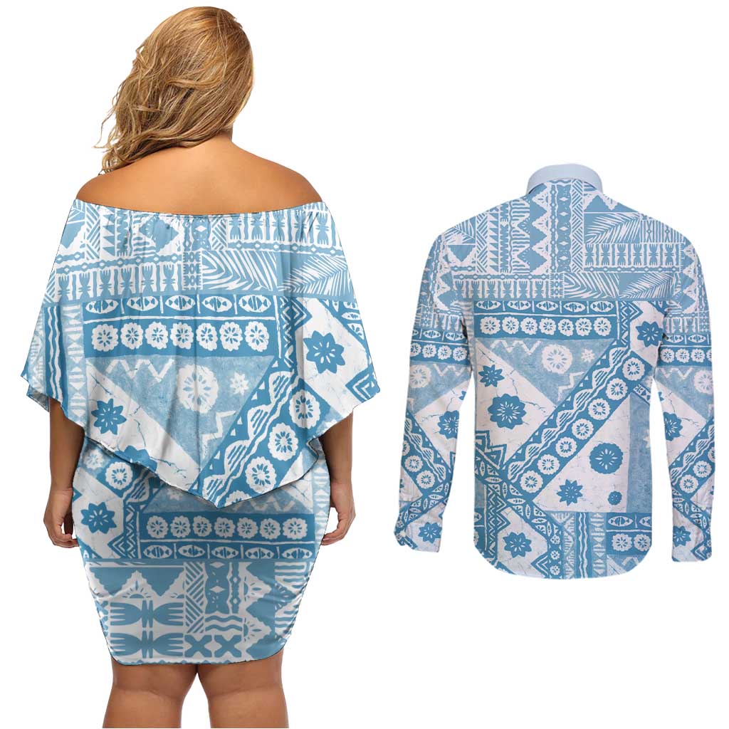 Blue Bula Fiji Couples Matching Off Shoulder Short Dress and Long Sleeve Button Shirt Unique Masi Tapa Pattern
