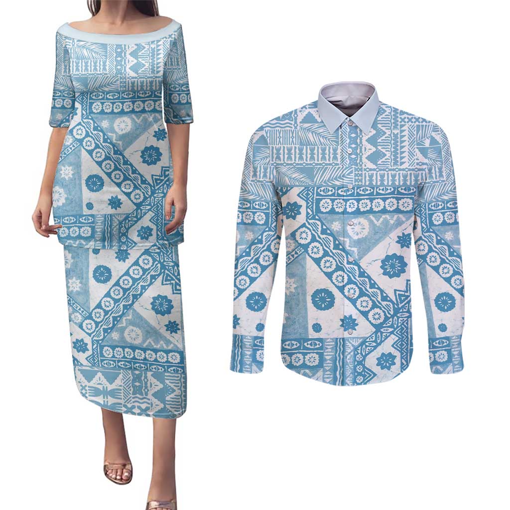 Blue Bula Fiji Couples Matching Puletasi and Long Sleeve Button Shirt Unique Masi Tapa Pattern