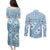 Blue Bula Fiji Couples Matching Puletasi and Long Sleeve Button Shirt Unique Masi Tapa Pattern