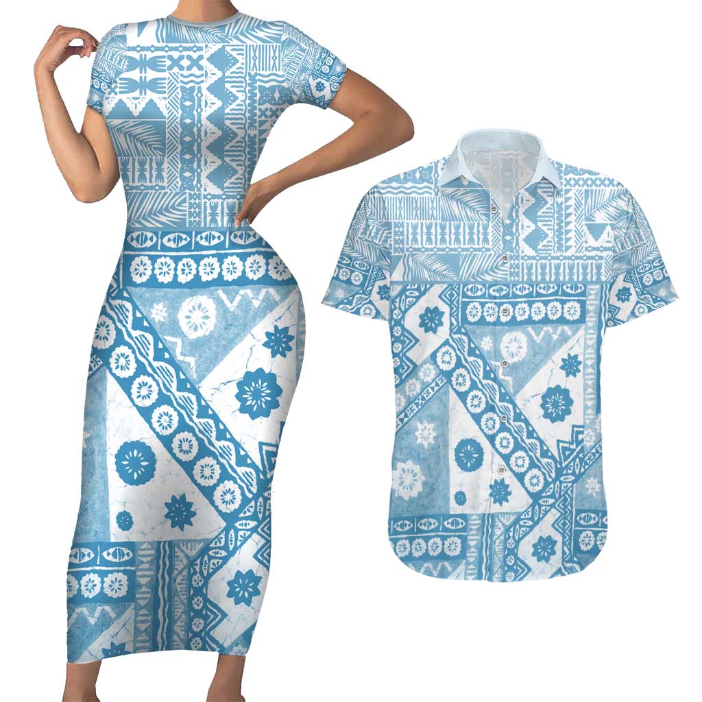 Blue Bula Fiji Couples Matching Short Sleeve Bodycon Dress and Hawaiian Shirt Unique Masi Tapa Pattern