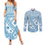 Blue Bula Fiji Couples Matching Summer Maxi Dress and Long Sleeve Button Shirt Unique Masi Tapa Pattern