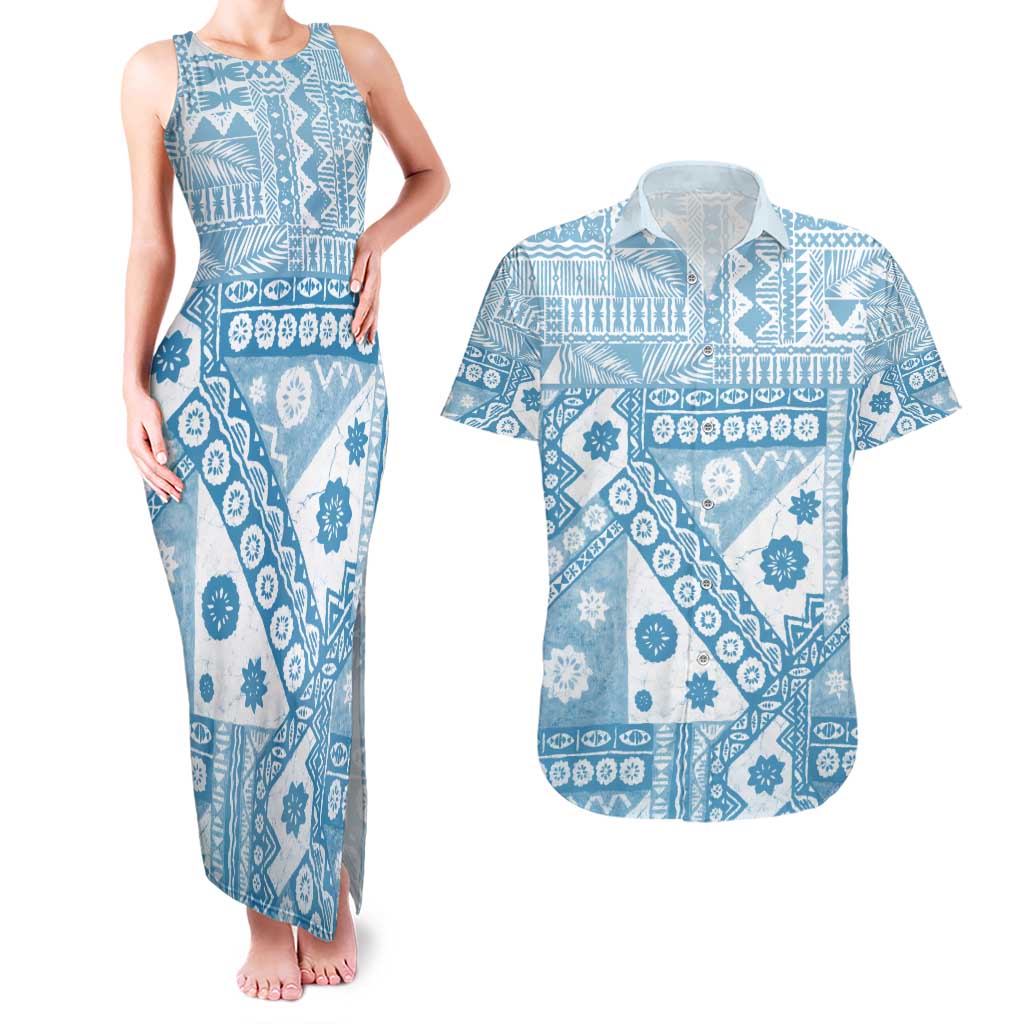 Blue Bula Fiji Couples Matching Tank Maxi Dress and Hawaiian Shirt Unique Masi Tapa Pattern