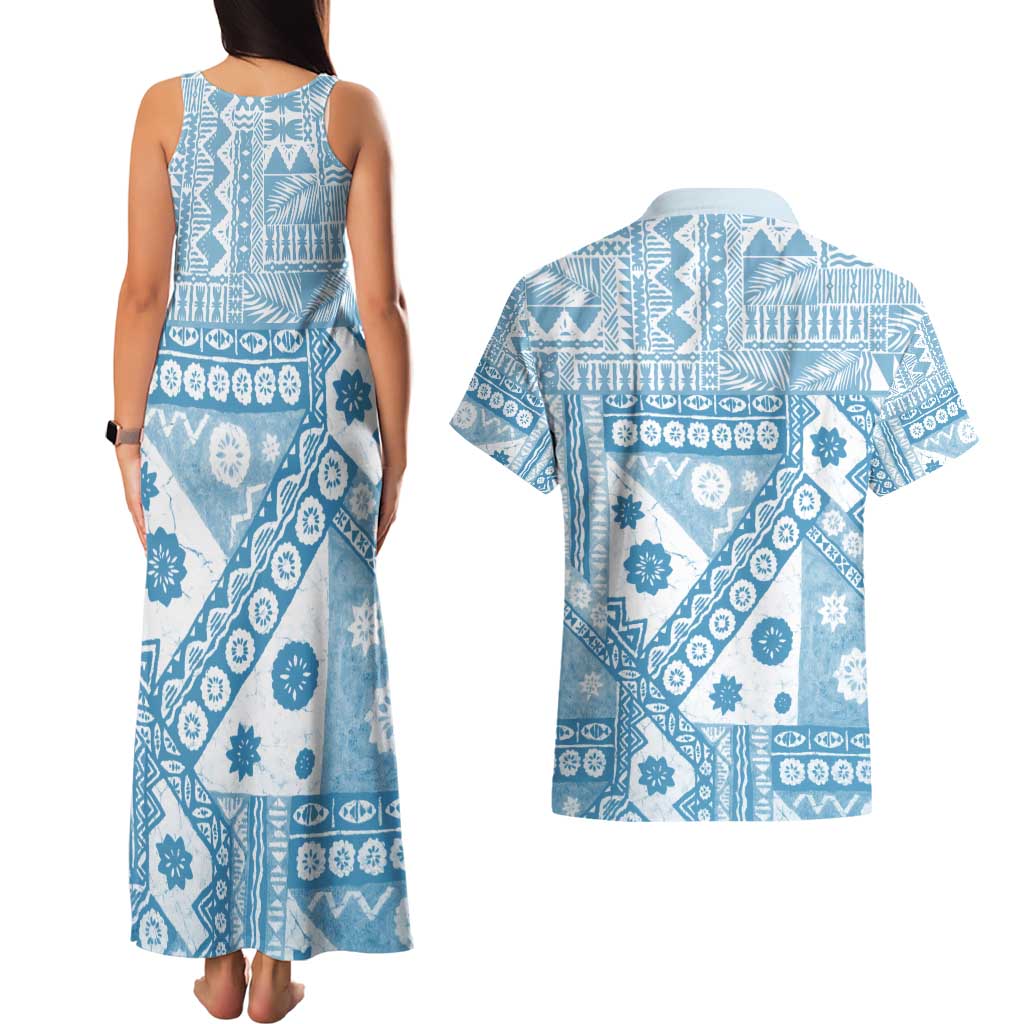 Blue Bula Fiji Couples Matching Tank Maxi Dress and Hawaiian Shirt Unique Masi Tapa Pattern