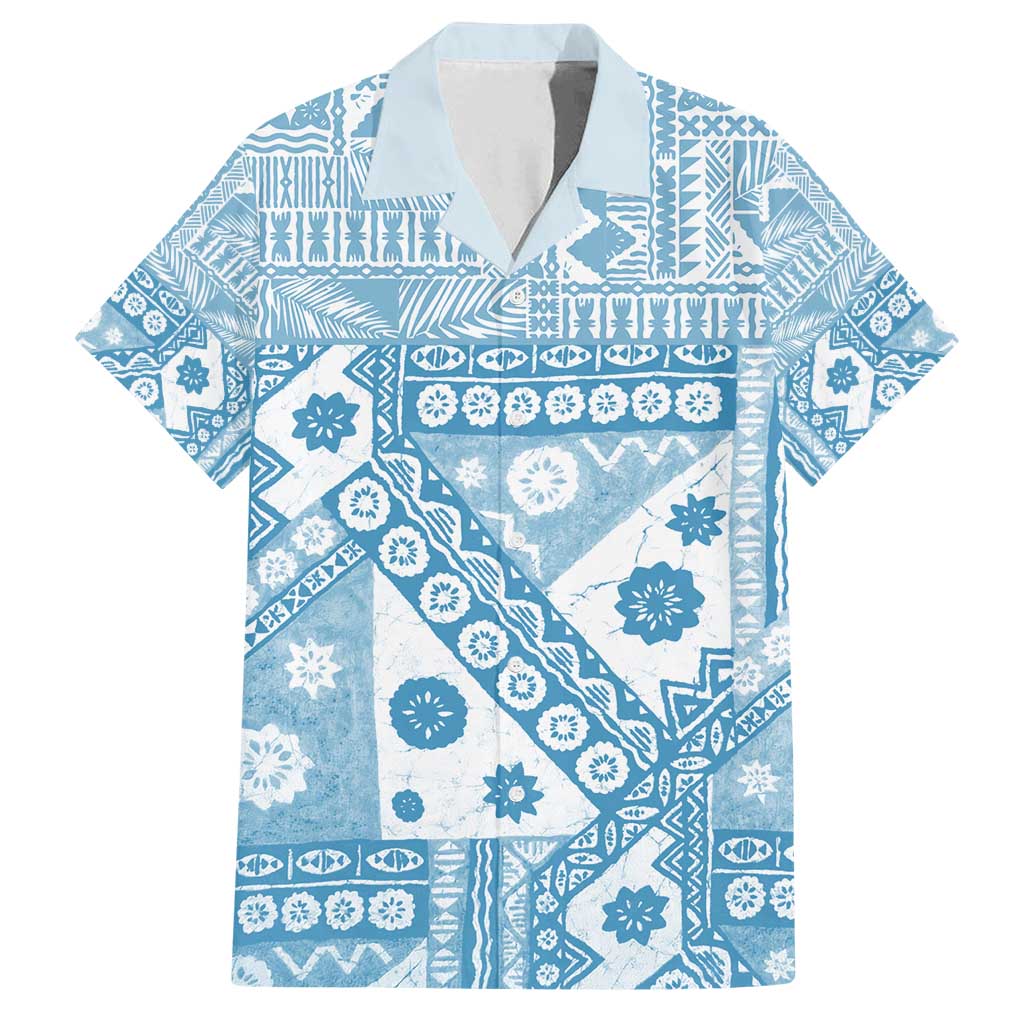 Blue Bula Fiji Family Matching Off Shoulder Short Dress and Hawaiian Shirt Unique Masi Tapa Pattern