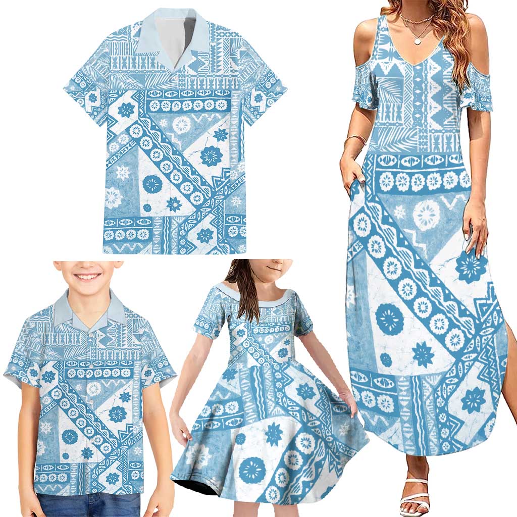 Blue Bula Fiji Family Matching Summer Maxi Dress and Hawaiian Shirt Unique Masi Tapa Pattern