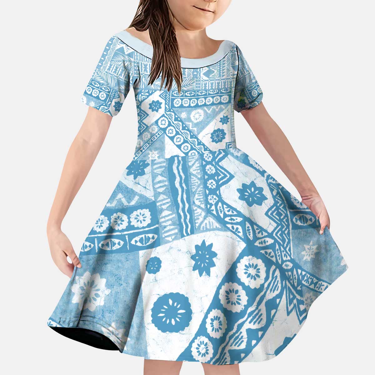 Blue Bula Fiji Kid Short Sleeve Dress Unique Masi Tapa Pattern