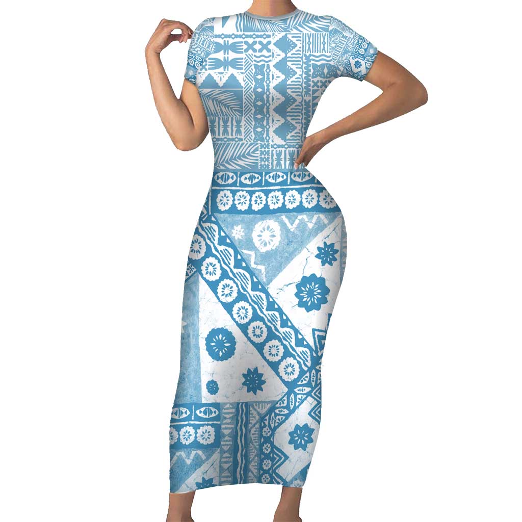 Blue Bula Fiji Short Sleeve Bodycon Dress Unique Masi Tapa Pattern