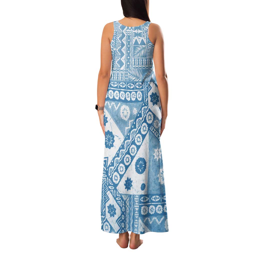 Blue Bula Fiji Tank Maxi Dress Unique Masi Tapa Pattern