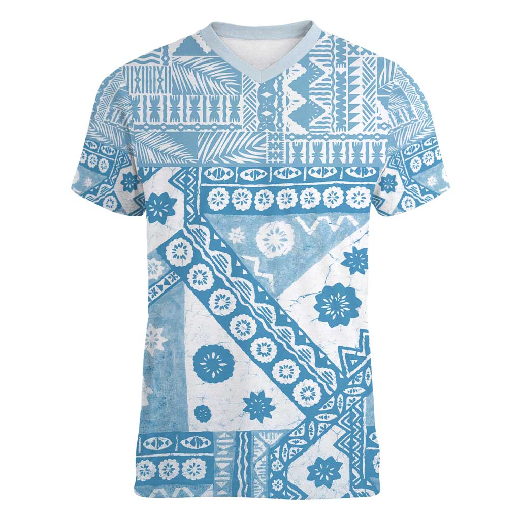 Blue Bula Fiji Women V-Neck T-Shirt Unique Masi Tapa Pattern