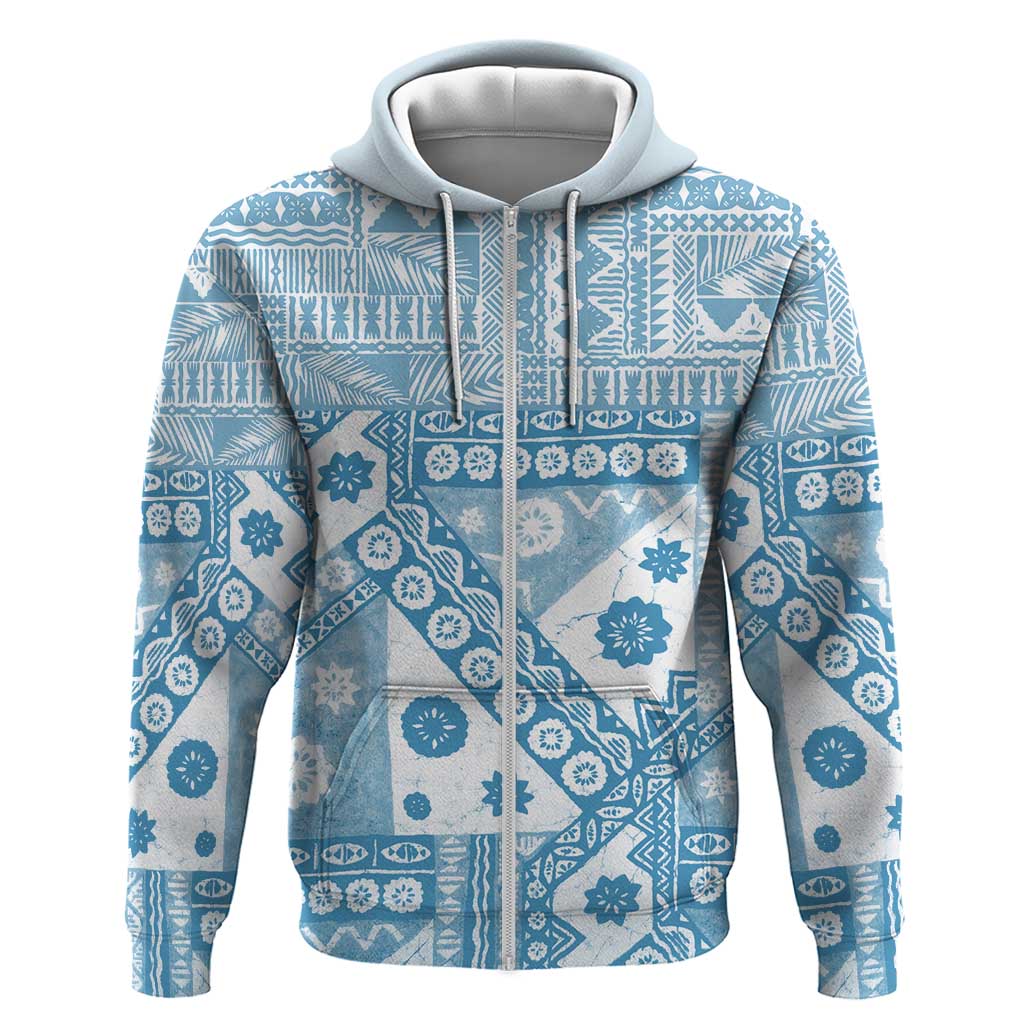 Blue Bula Fiji Zip Hoodie Unique Masi Tapa Pattern